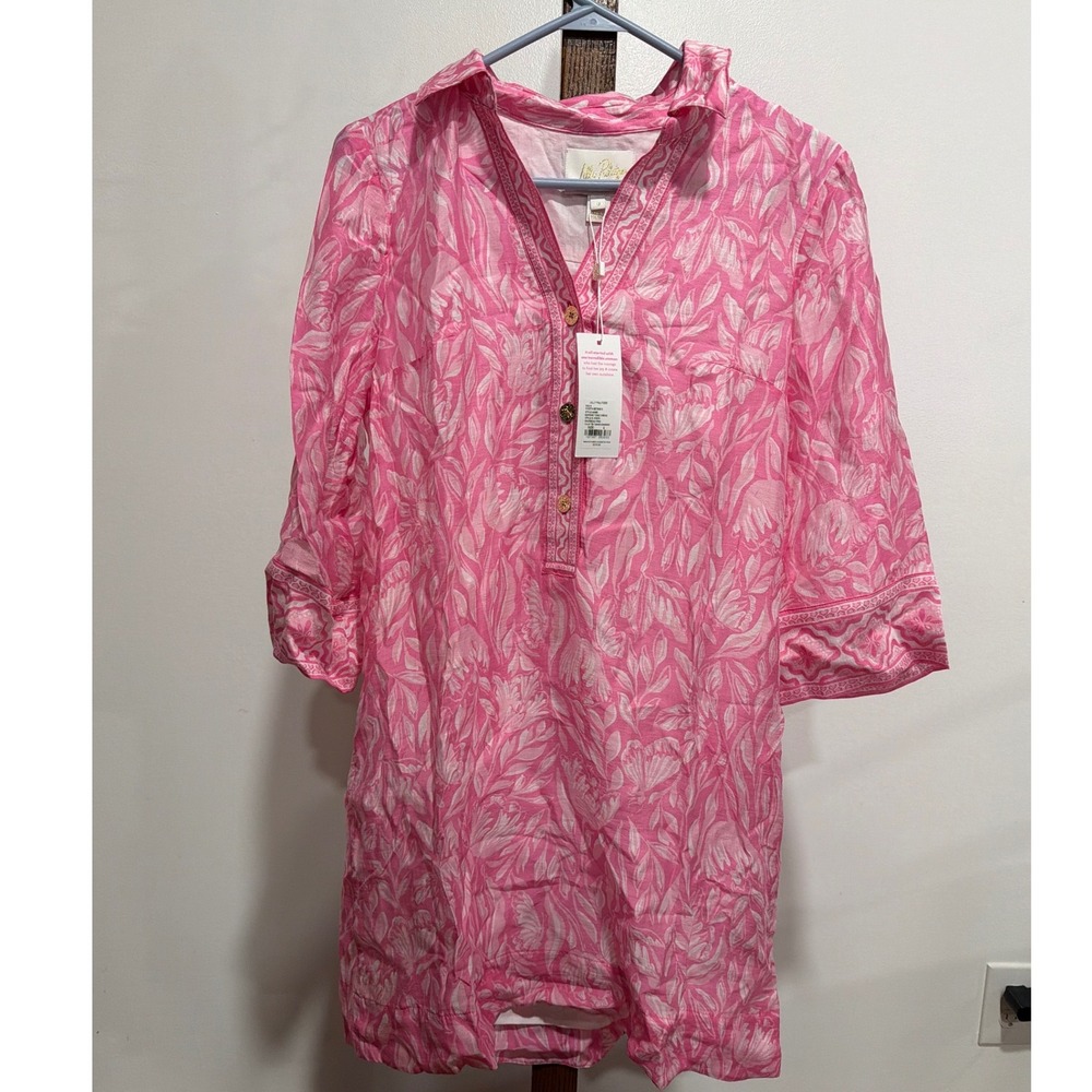 Lilly Pulitzer Daphnie Tunic Dress Rousseau Pink Tulip toTango Linen 0 Beach NEW